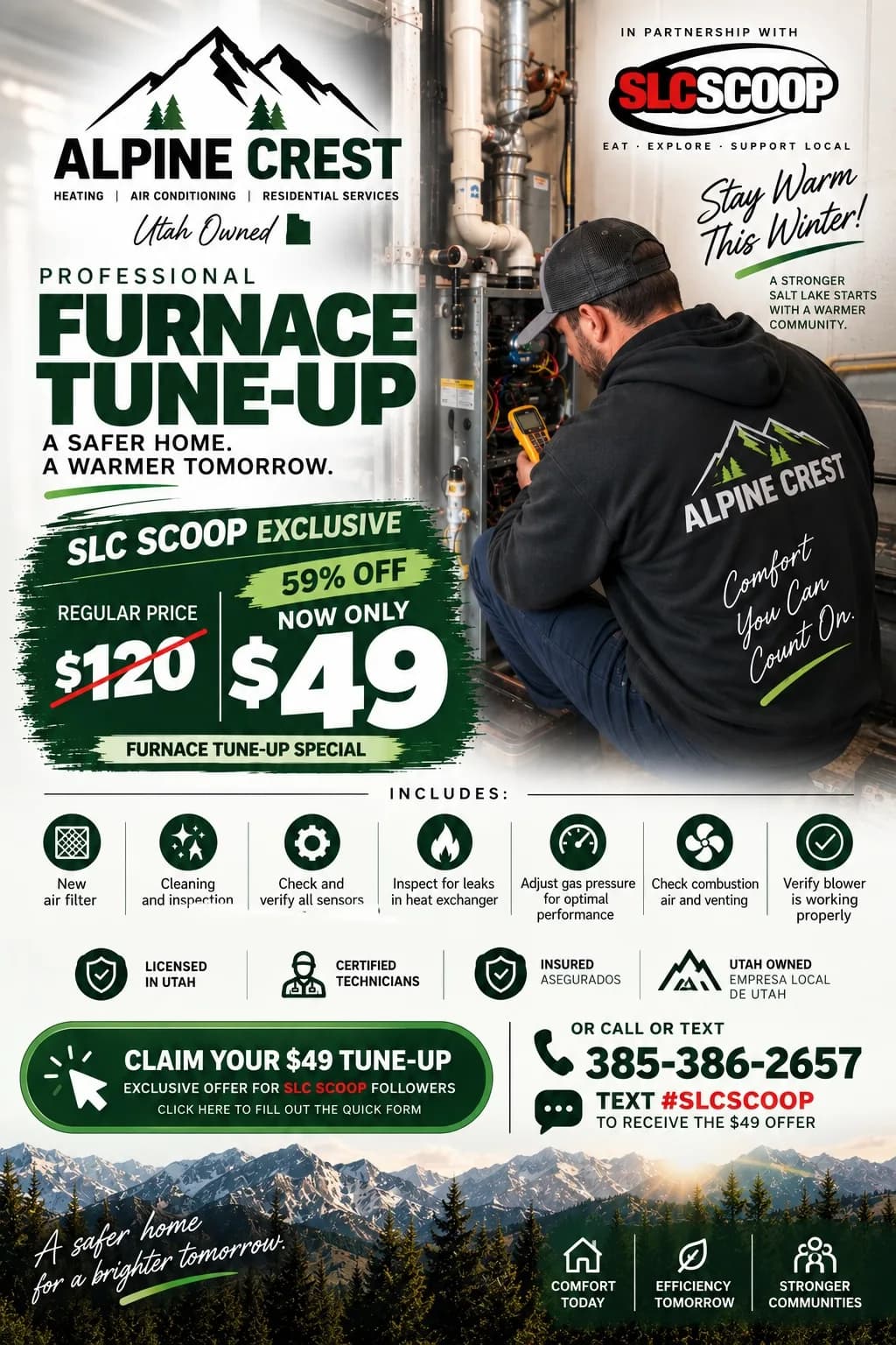 Alpine Crest $49 furnace tune-up flyer — SLC Scoop exclusive, 59% off the regular $120 price